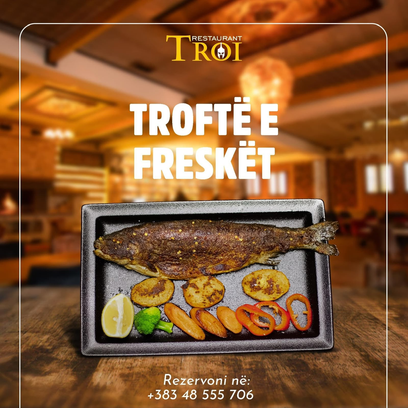 Troftë e pjekur me patate, perime dhe limon